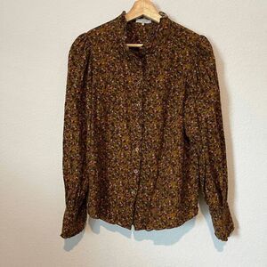 FRNCH Paris Brown Floral Long Puff Sleeve Button Down Shirt Women's Size Medium